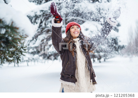 Beautiful Woman Wearing Fashionable Winter Clothes walking in winter nature. Holidays concept. 121205368