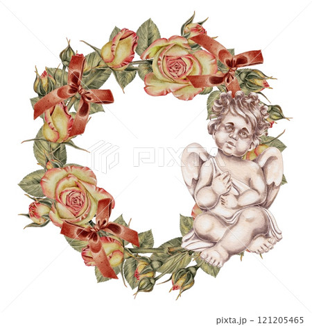 Yellow and pink roses and buds and green leaves with Cupid and red bows wreath. Watercolor illustration for cards, invitations, holidays Spring, birthday, Valentine's Day, wedding or Mother's Day. 121205465