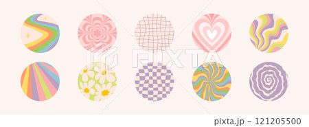 round shape stickers with funny groovy patterns. Colorful abstract circles with trendy retro style wave, chess, swirl, rainbow. Ideal for social media, sticker designs and decorations, vector round shape stickers with funny groovy patterns. Colorful abstract circles with trendy retro style wave, chess, swirl, rainbow. Ideal for social media, sticker designs and decorations, vector 121205500