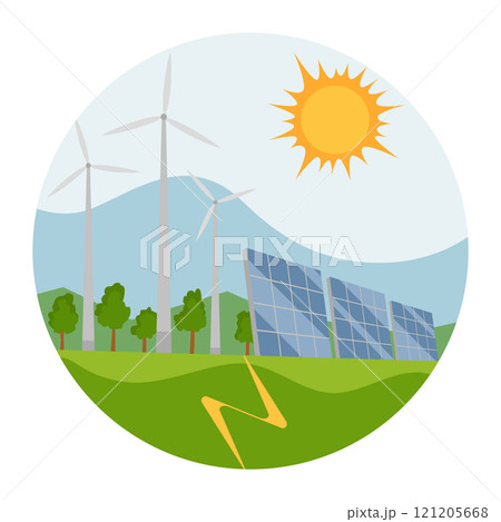 Energy production, renewable. Industrial power station technology for energy generation. Type of factory building of heavy industry. Flat vector illustration isolated on white background 121205668