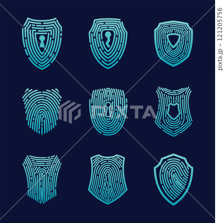 Secure shield fingerprint collection. Scan fingerprint, security or identification system based on thumb lines. Biometric data design. Futuristic technology. Vector illustration Secure shield fingerprint collection. Scan fingerprint, security or identification system based on thumb lines. Biometric data design. Futuristic technology. Vector illustration 121205756