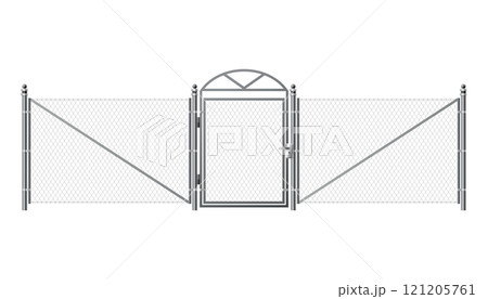 Metal wire fence and gate. Chain-link fence fragment with metallic pillars. Secured territory, protected area or prison fencing. Wire grid construction Metal wire fence and gate. Chain-link fence fragment with metallic pillars. Secured territory, protected area or prison fencing. Wire grid construction 121205761