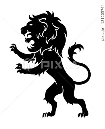 Heraldic lion silhouette. Black standing lion in flat style. Heraldic icon, symbol and design element isolated on white background. Vector illustration 121205764