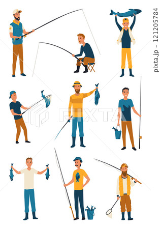 Cartoon people are fishing. Male fishermen characters with fishing rods on lake, summer catching process, men hobby recreation, leisure time, vector 121205784