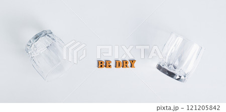 Dry January concept, empty glasses and text on grey background top view web banner Dry January concept, empty glasses and text on grey background top view web banner 121205842