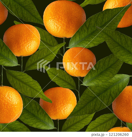 Clementine or mandarin or orange natural. Seamless pattern. Fruits with green leaves. Clementine or mandarin or orange natural. Seamless pattern. Fruits with green leaves. 121206260