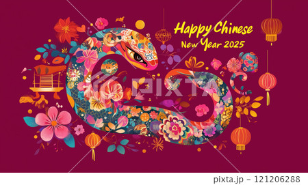 Chinese New Year 2025, snake and traditional floral elements. 121206288