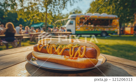 Hot dog with mustard and ketchup on a white plate on a wooden table 121206313
