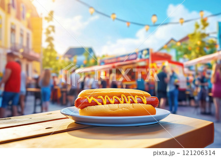 Hot dog with mustard and ketchup on a white plate on a wooden table 121206314
