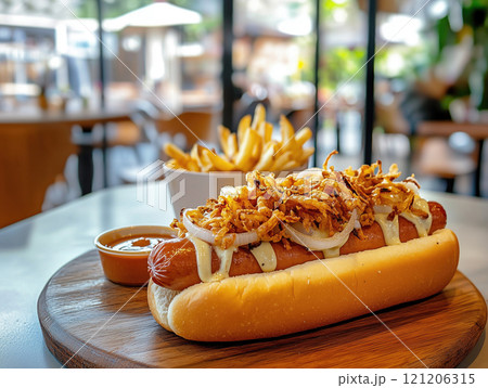 Hot dog with fried onion and french fries on wooden board 121206315