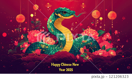 Chinese New Year 2025, green snake and traditional floral elements. 121206323