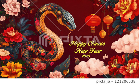 Chinese New Year 2025, snake and traditional floral elements. 121206339