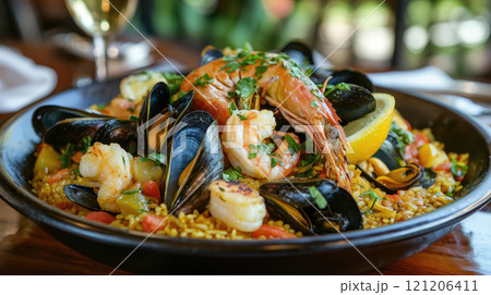 seafood paella served in a black plate garnished with shrimp, mussels, and lemon wedges 121206411