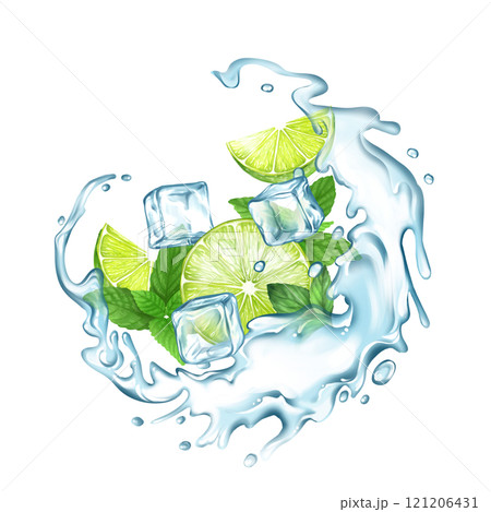 Lime in water splash with ice cubes and mint leaves, mojito, lemonade or fruit cocktail illustration 121206431