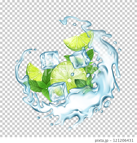 Lime in water splash with ice cubes and mint leaves, mojito, lemonade or fruit cocktail illustration 121206431