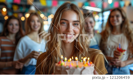 Happy birthday. Wide shot of a group of people at work, smiling and holding birthday gifts with candles in hand. Colorful bunting hangs on the wall behind them. Happy birthday. Wide shot of a group of people at work, smiling and holding birthday gifts with candles in hand. Colorful bunting hangs on the wall behind them. 121206459