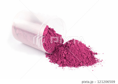 Bright Pink Powder Spills From Glass Container on White Background During Art Project Preparation 121206509