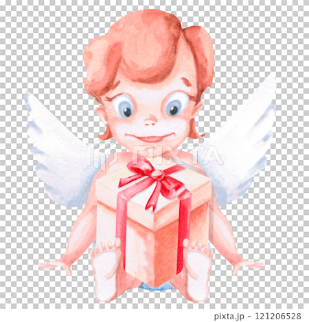 Sitting cupid with gift box in watercolor. Isolated illustration for Valentine's Day, Christmas design, cards, invitations, posters, fabric printing Sitting cupid with gift box in watercolor. Isolated illustration for Valentine's Day, Christmas design, cards, invitations, posters, fabric printing 121206528