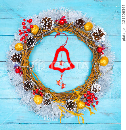 Christmas beautiful wreath on a wooden table, New Year decoration, Christmas beautiful wreath on a wooden table, New Year decoration, 121206545