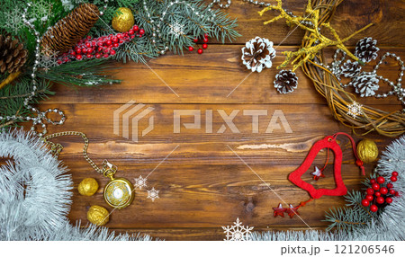 Christmas wooden background with snow branch. Top view with copy space for your text 121206546