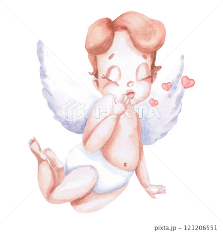 Floating angel with air kiss in watercolor. Isolated illustration for Valentine's Day, Christmas design, cards, invitations, posters, fabric printing Floating angel with air kiss in watercolor. Isolated illustration for Valentine's Day, Christmas design, cards, invitations, posters, fabric printing 121206551