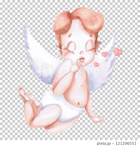 Floating angel with air kiss in watercolor. Isolated illustration for Valentine's Day, Christmas design, cards, invitations, posters, fabric printing Floating angel with air kiss in watercolor. Isolated illustration for Valentine's Day, Christmas design, cards, invitations, posters, fabric printing 121206551