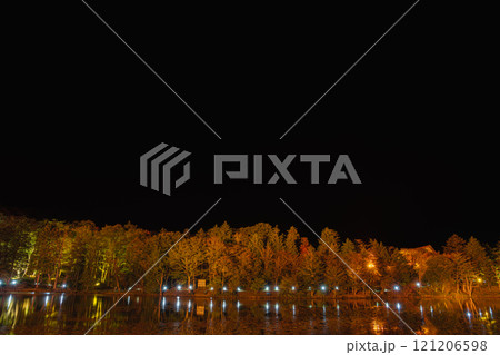 茶臼山高原の色付き始めの紅葉のライトアップと水面に映る樹木の矢筈池(愛知県) 121206598