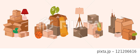 Boxes pile. House relocation. Cardboard containers stack. Carton home storage. Open paper package shipping. Parcel delivery. Family moving. Belongings packs. Household items vector set 121206616