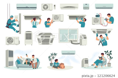 House condition. Air heat. Fan appliance installation. Room ventilation. Climate building. Workman repairing and fixing ventilator. People relaxing under home cooler. Vector concepts set 121206624