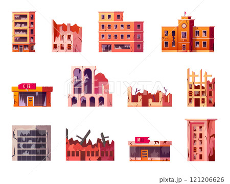 Building damage. Earthquake broken house. Old city ruin or war debris. Destroyed construction windows. Dilapidated architecture with fissures. Post apocalyptic landscape elements vector set 121206626