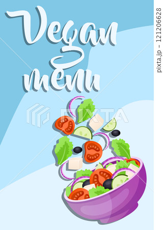 Healthy salad. Vegan menu cover for cafe and restaurant. Fresh vegetables food. Cooking ingredients in bowl. Delicious vegetarian meal. Flying tomato. Vector cartoon isolated illustration 121206628