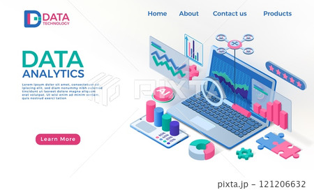 Data report landing page. Digital business infographic with 3D chart. Financial graph. Website template. Modern technology. SEO progress showing in search results. Vector background 121206632