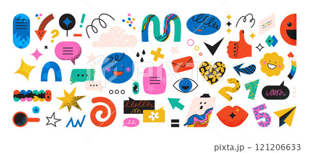 Doodle shapes. Abstract creative figures like star, geometric circle and curve childish communication icons. Happy smile emoji. Spiral lines. Message bubbles. Vector graphic elements set 121206633
