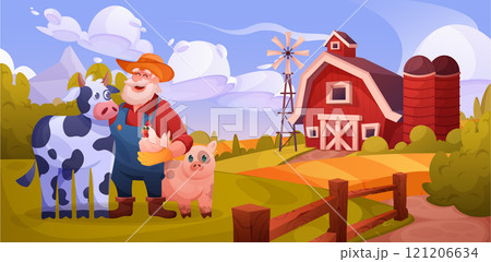 Farm and farmer. Animal chicken, cow and pig in fun village scene, summer countryside with tree and cute house, barn and mill on landscape. Cute happy farmer. Vector cartoon background 121206634