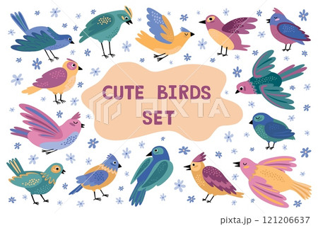 Cute bird. Pastel forest animal, love and peace sketch print characters. Color zoo pet banner, happy fly child. Doodle drawing. Sparrow and goldfinch. Vector cartoon flat isolated sign 121206637