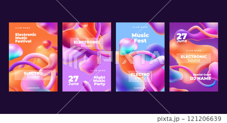 3d liquid background. Blob fluid music festival poster, abstract gradient bubble. Organic entertainment. Music party in night club invitation banner, backdrop with circles. Vector layout 3d liquid background. Blob fluid music festival poster, abstract gradient bubble. Organic entertainment. Music party in night club invitation banner, backdrop with circles. Vector layout 121206639