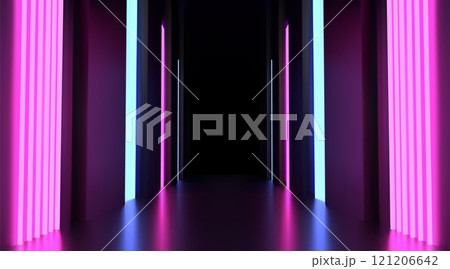 Neon background. Futuristic room stage. Led light party tunnel. Digital line corridor. Podium glossy floor. Studio interior. Nightclub hall. Spotlight reflection. Vector abstract graphic 121206642