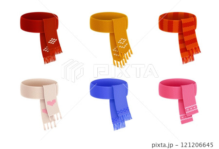 3D scarf. Winter Christmas cloth. Tied warm accessory for cold snow season. New year knit clothing. Sport fan fashion. Cozy knitwear. Woolen textile. Striped garment. Vector realistic set 3D scarf. Winter Christmas cloth. Tied warm accessory for cold snow season. New year knit clothing. Sport fan fashion. Cozy knitwear. Woolen textile. Striped garment. Vector realistic set 121206645