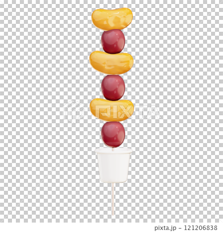 Tanghulu , a variety of Chinese candied fruits on skewers on transparent background , 3D Rendering Tanghulu , a variety of Chinese candied fruits on skewers on transparent background , 3D Rendering 121206838