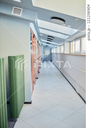 Vertical background shot of corridor with skylight windows and glass doors leading to individual office rooms in contemporary business center, copy space Vertical background shot of corridor with skylight windows and glass doors leading to individual office rooms in contemporary business center, copy space 121206904