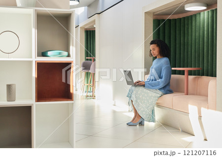 Wide angle shot of young multiethnic female employee typing on laptop working on new project while sitting in lounge area of modern coworking space, copy space Wide angle shot of young multiethnic female employee typing on laptop working on new project while sitting in lounge area of modern coworking space, copy space 121207116