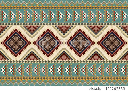 Navajo tribal vector seamless pattern. Native American ornament. Ethnic South Western decor style. Boho geometric ornament. Vector seamless pattern. Mexican blanket, rug. Woven carpet illustration. Navajo tribal vector seamless pattern. Native American ornament. Ethnic South Western decor style. Boho geometric ornament. Vector seamless pattern. Mexican blanket, rug. Woven carpet illustration. 121207286