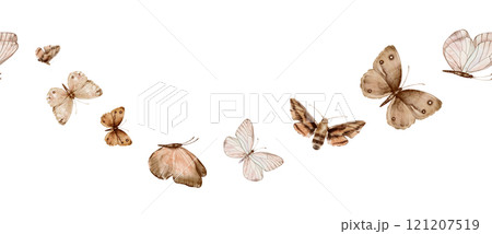 Seamless board pattern, repeating ornament with beige and brown butterflies. Seamless pattern with hand drawn watercolor illustration. Delicate, flying, elegant butterflies in vintage style. 121207519