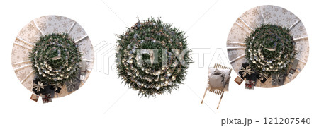 Christmas tree set, top view, isolated on white background, 3D illustration, cg render Christmas tree set, top view, isolated on white background, 3D illustration, cg render 121207540