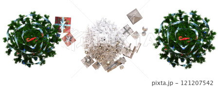 Christmas tree set, top view, isolated on white background, 3D illustration, cg render 121207542