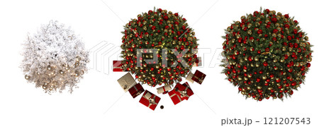 Christmas tree set, top view, isolated on white background, 3D illustration, cg render 121207543