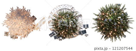 Christmas tree set, top view, isolated on white background, 3D illustration, cg render 121207544