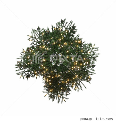 Christmas tree with decorations, isolated on white background, 3D illustration, cg render Christmas tree with decorations, isolated on white background, 3D illustration, cg render 121207569