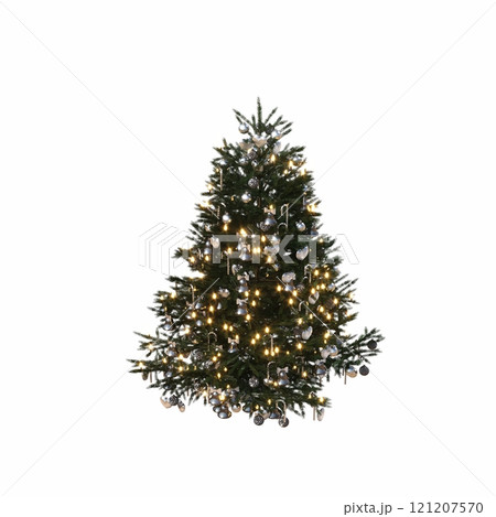 Christmas tree with decorations, isolated on white background, 3D illustration, cg render Christmas tree with decorations, isolated on white background, 3D illustration, cg render 121207570