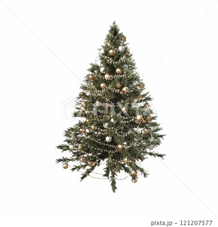 Christmas tree with decorations, isolated on white background, 3D illustration, cg render Christmas tree with decorations, isolated on white background, 3D illustration, cg render 121207577